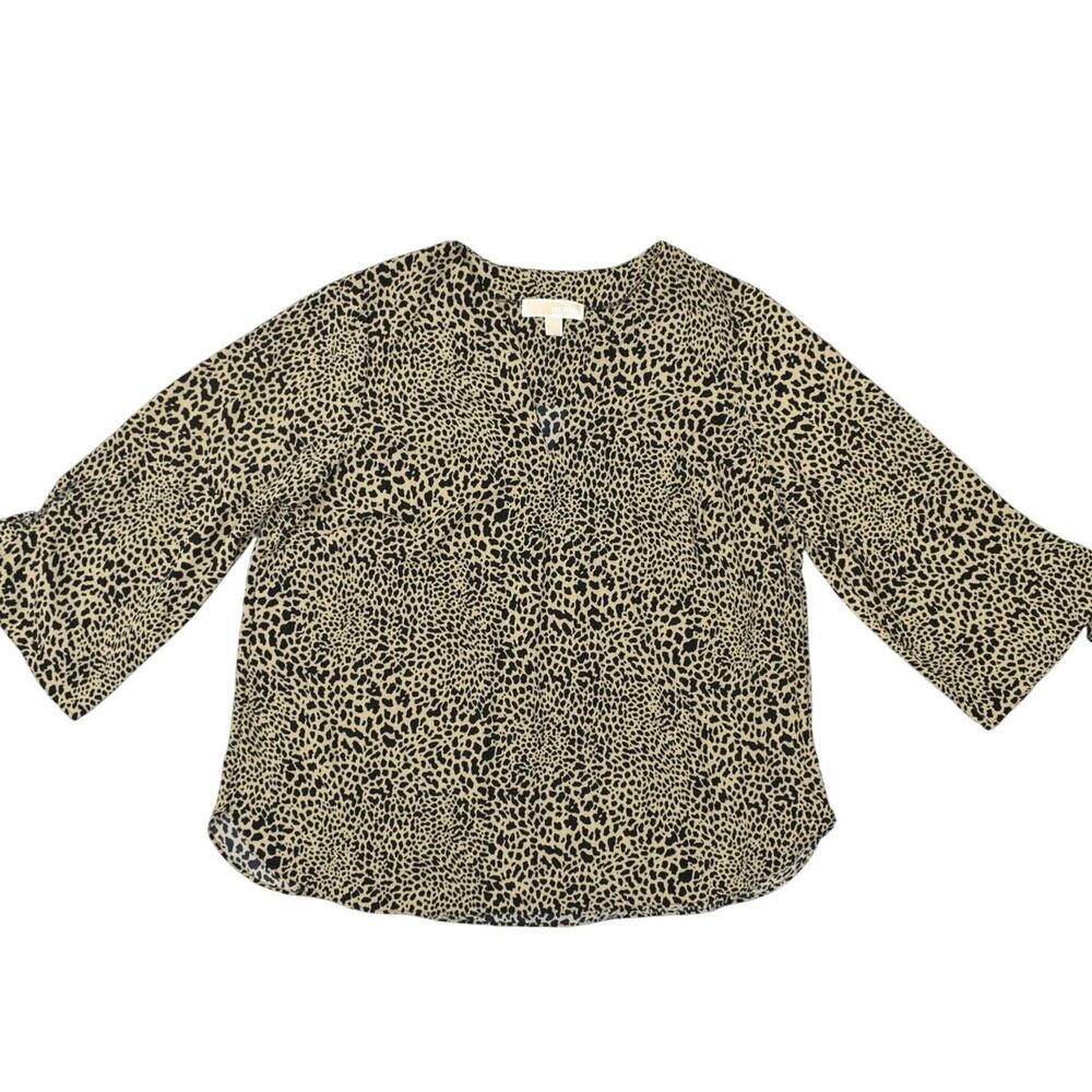 Michael Kors Brown Plus Size 1X Polyester Blouse 3/4 Sleeve Cheetah V Neck
